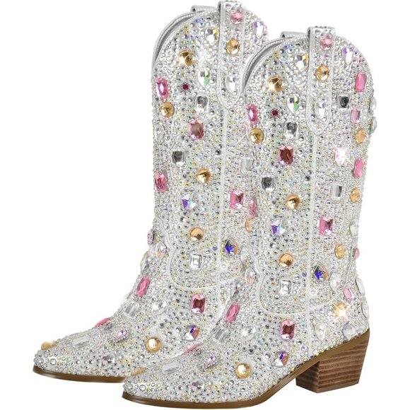 Shoes - Sparkly Rhinestones Gem Silver Faux Leather High Calf Heeled Boots For Women